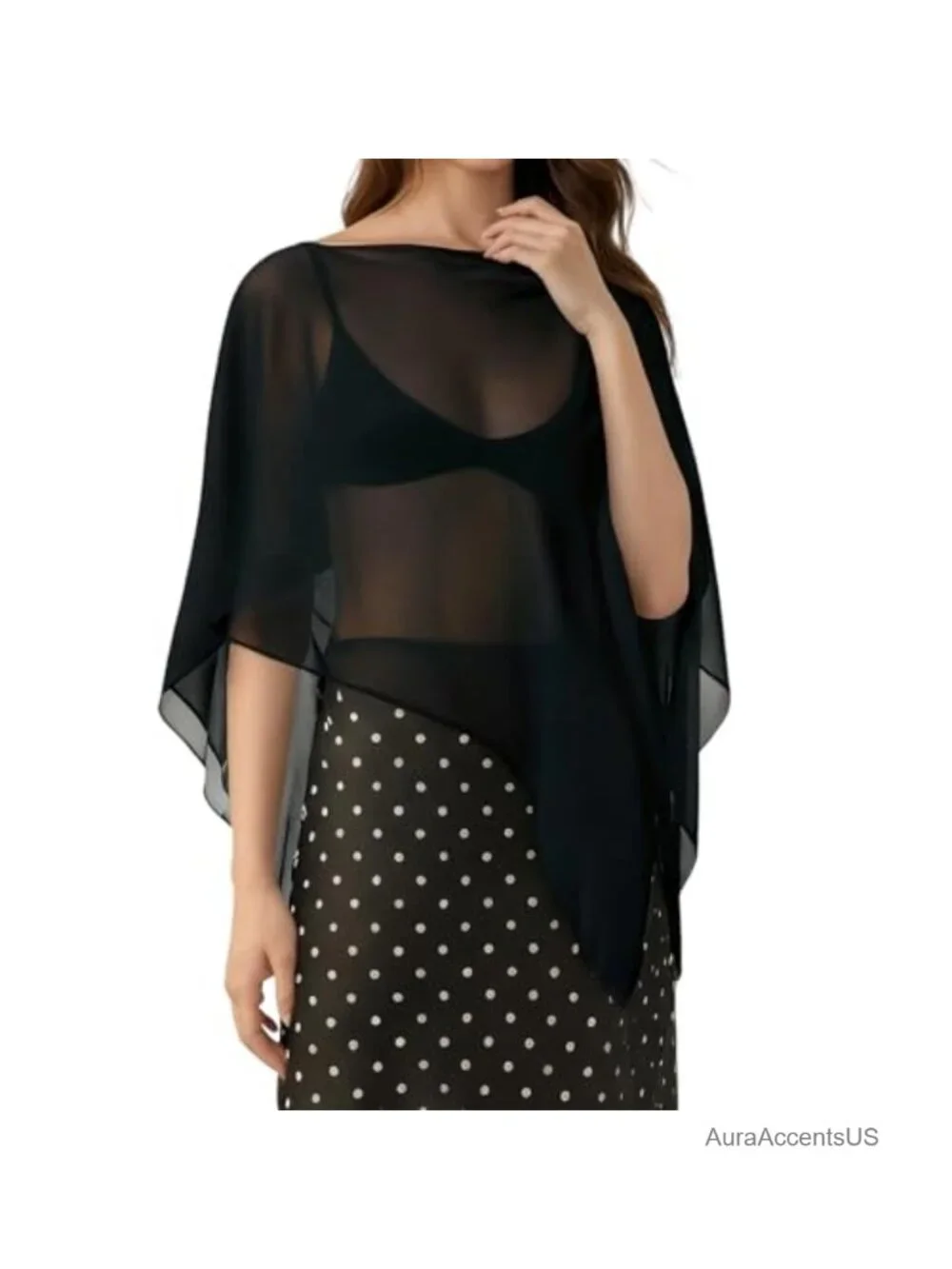 Sheer Mesh Poncho Women Lightweight Boat Neck Cape Coverup Asymmetrical Party